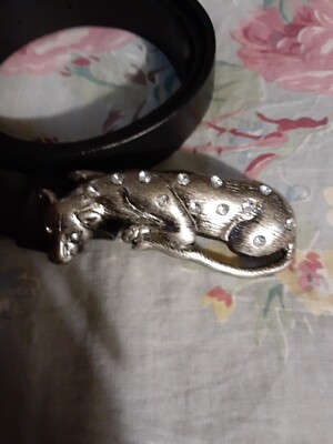Vintage Leather Black and Silver Rhinestone Cat Buckle Belt Black Cat Belt Buckle – Western Cowboy Accessory for Cat  main image 2
