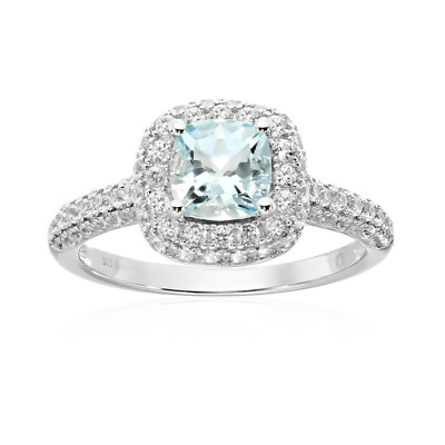 925 Sterling Silber Aquamarin Kissen Halo Verlobungsring, Größe 7