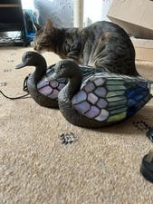 Pair Tiffany Style Stained Glass Duck Accent Lamps, Corded Electric Switch