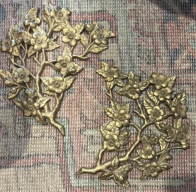 VTG MCM Burwood 2 Pc Wall Hangings Large 14''x20'' Dogwood Branches Gold Rare