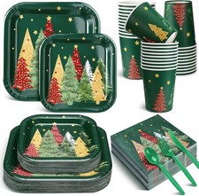 Christmas Tree), Gold, Red, 350 Pcs Christmas Paper Plates and Napkins Set 