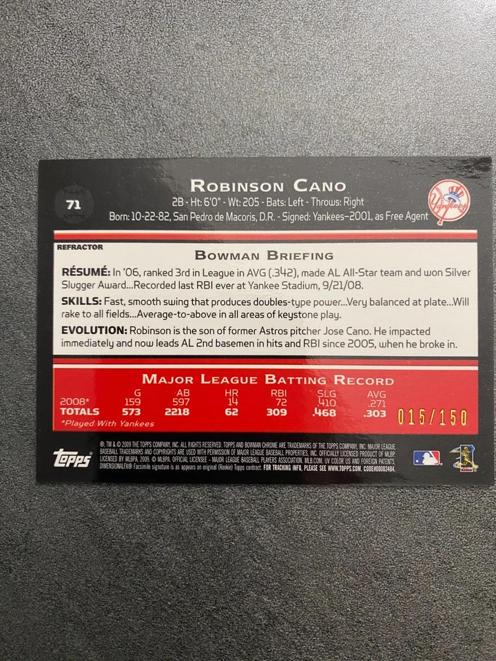 2009 Bowman Chrome 'Blue Refractor' Robinson Cano #71 serial'd 015/150 - Image 4 of 4