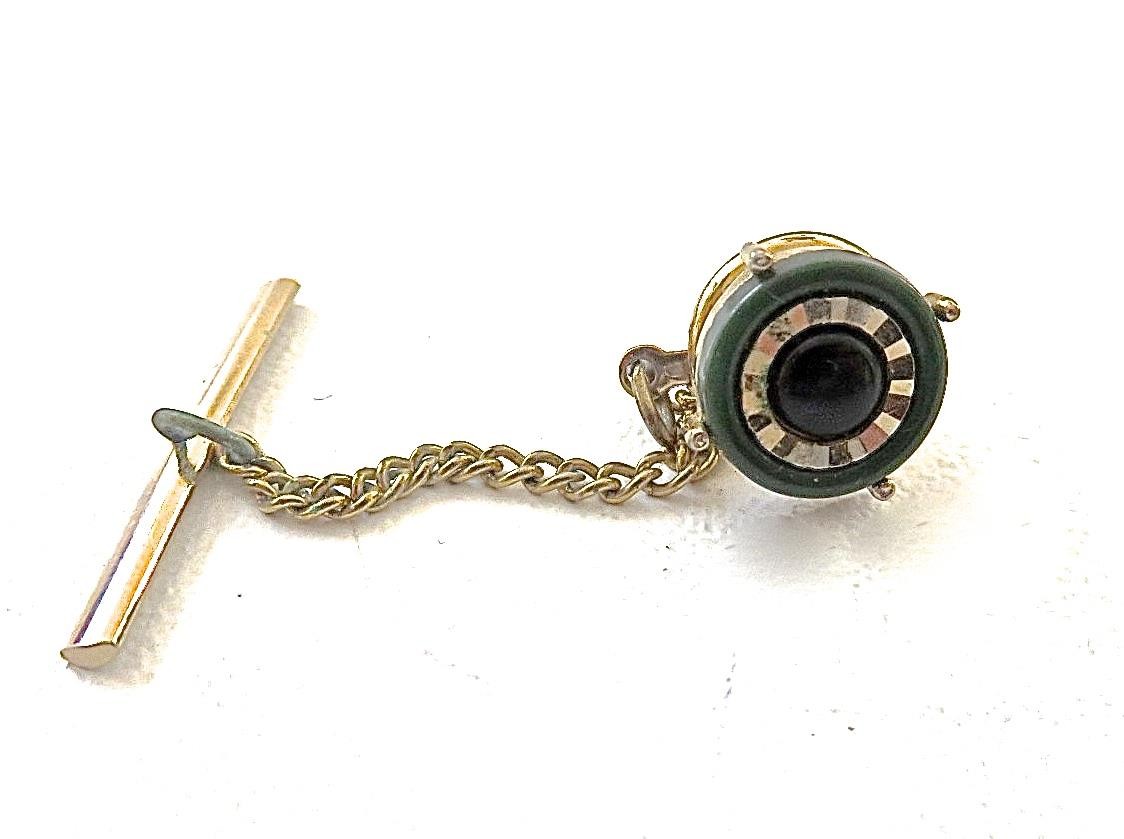 Vintage Real Two Color Onyx Tie Tack Lapel Pin In gold Tone Handsome