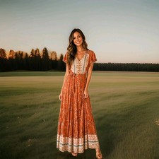 ZESICA Orange/White Floral V-Neck Flutter Sleeve Lace Trim Maxi Dress S