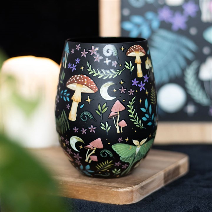 Dark Forest Mushroom Print Stemless Wine Glass. Gift For Wine Lovers