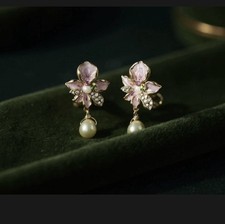 Pendientes Largos De Flor Y Perla - Chapado En Oro 14K, Hipoalergénicos, Para Mujer