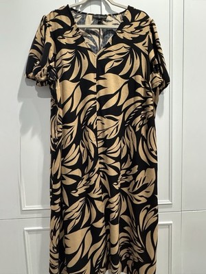 Fred David 2X Women s Black & Dark Tan Floral Print Short Sleeve Belted Dress