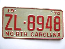 1970 NORTH CAROLINA NC LICENSE PLATE TAG,  ALL ORIGINAL VINTAGE, NICE