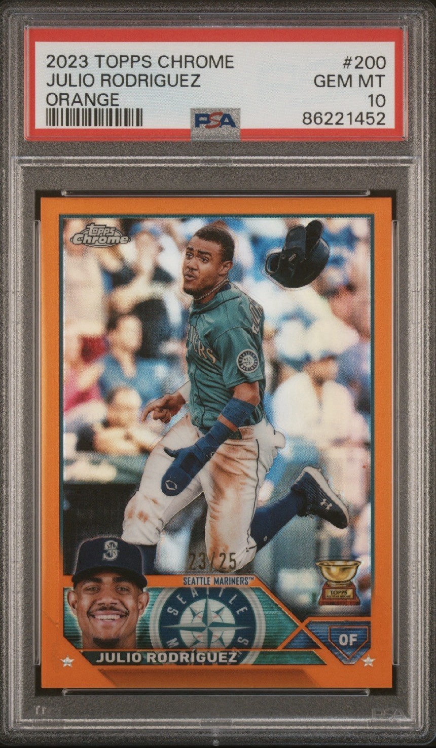 2023 Topps Chrome Julio Rodriguez Orange Refractor /25 RC CUP PSA 10 GEM MT #200 view 1