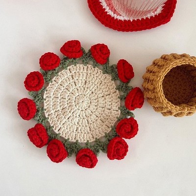 Rose Bouquet Coaster Crochet Flower Placemat Hand Woven Bouquet Cupmat Desktop