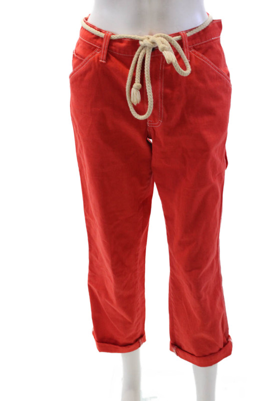 Riley Womens Cotton Button Zip Straw Belt Lined Cuff Bottom Pants Orange Size XS