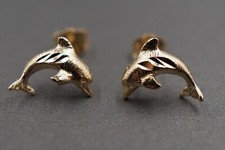 14K Solid Yellow Gold 10mm x 8.5 mm Diamond Cut Dolphin Stud Earring.