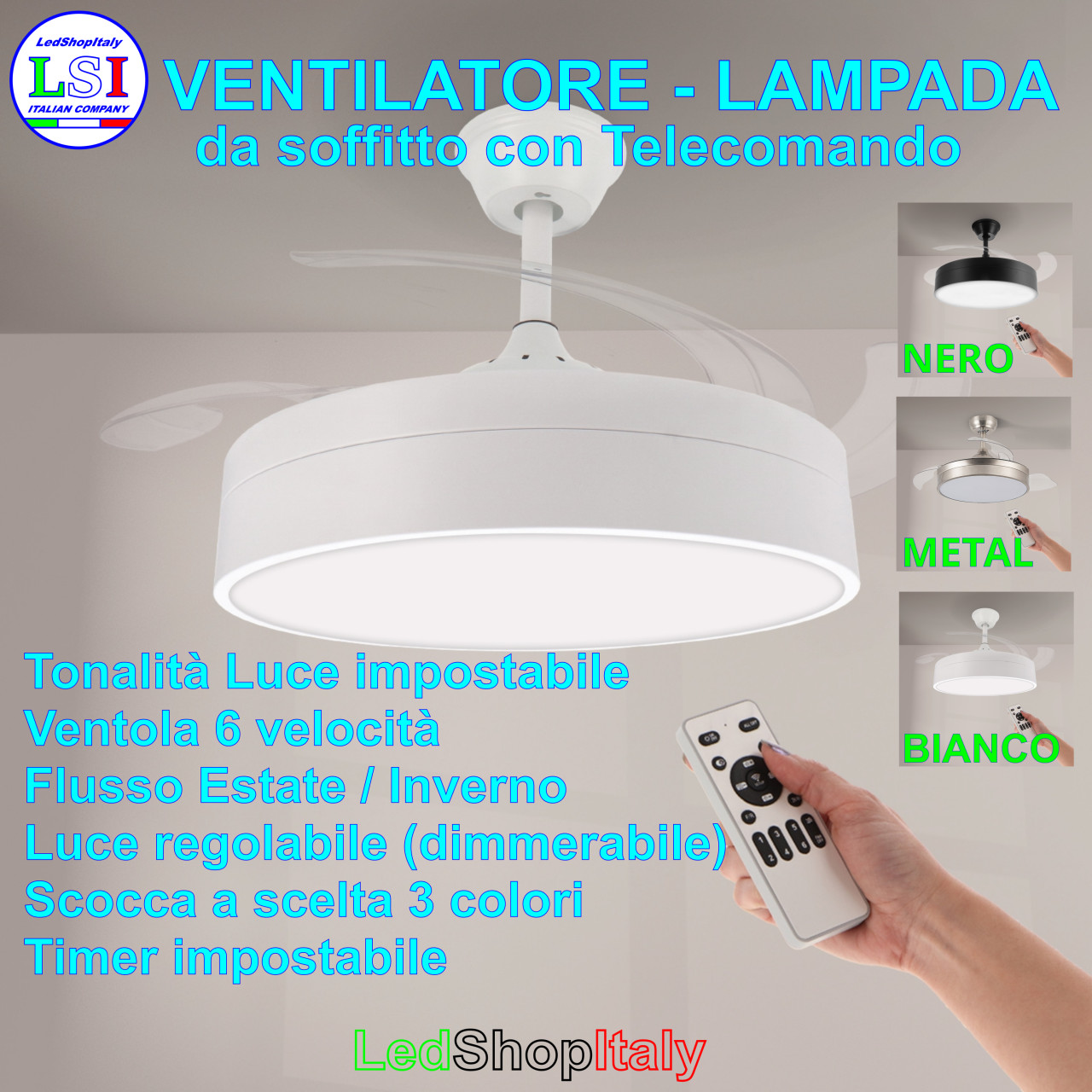 Ventilatore da Soffitto con Lampada LED CCT Dimmerabile e Telecomando