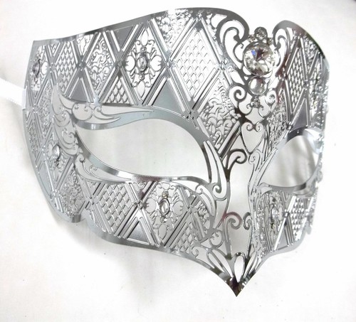 Silver Male Diamond Crystal Laser Venetian Masquerade Metal Filigree Mask Men - Picture 3 of 3