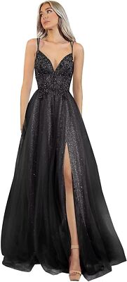 Glitter Prom Dresses With Slit Beaded Lace V Neck Backless Evening Formal  Gowns | eBay Australia