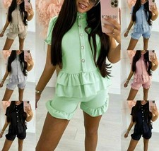 Womens Ladies Fine Ribbed Frill Peplum Gold Button Loungewear Suit Tracksuit Set