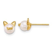 14k Yellow Gold Polished Freshwater Cultured Pearl Cat Stud Earrings