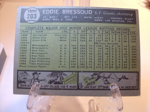 1961 Topps Baseball #203 - Eddie Bressoud - Gigantes de San Francisco 61-048 - Imagen 2 de 2