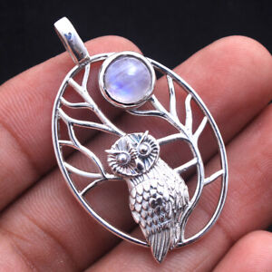 Round Moonstone Owl Design Pendant Solid 925 Sterling Silver Jewelry 1.7"