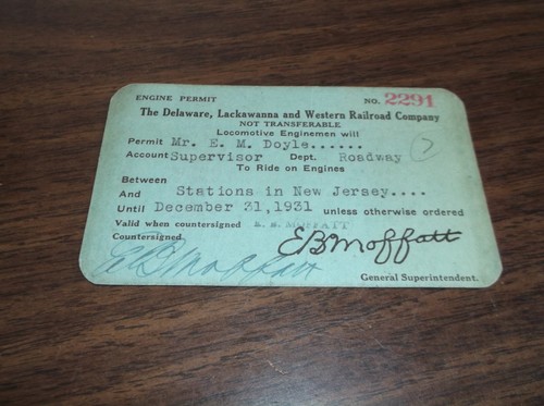 1931 DL&W DELAWARE LACKAWANNA AND WESTERN EMPLOYEE ENGINE PASS #2291
