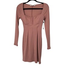 Astr the Label Blush Pink Ribbed Long Sleeve Deep Neck Bodycon Dress S Womens