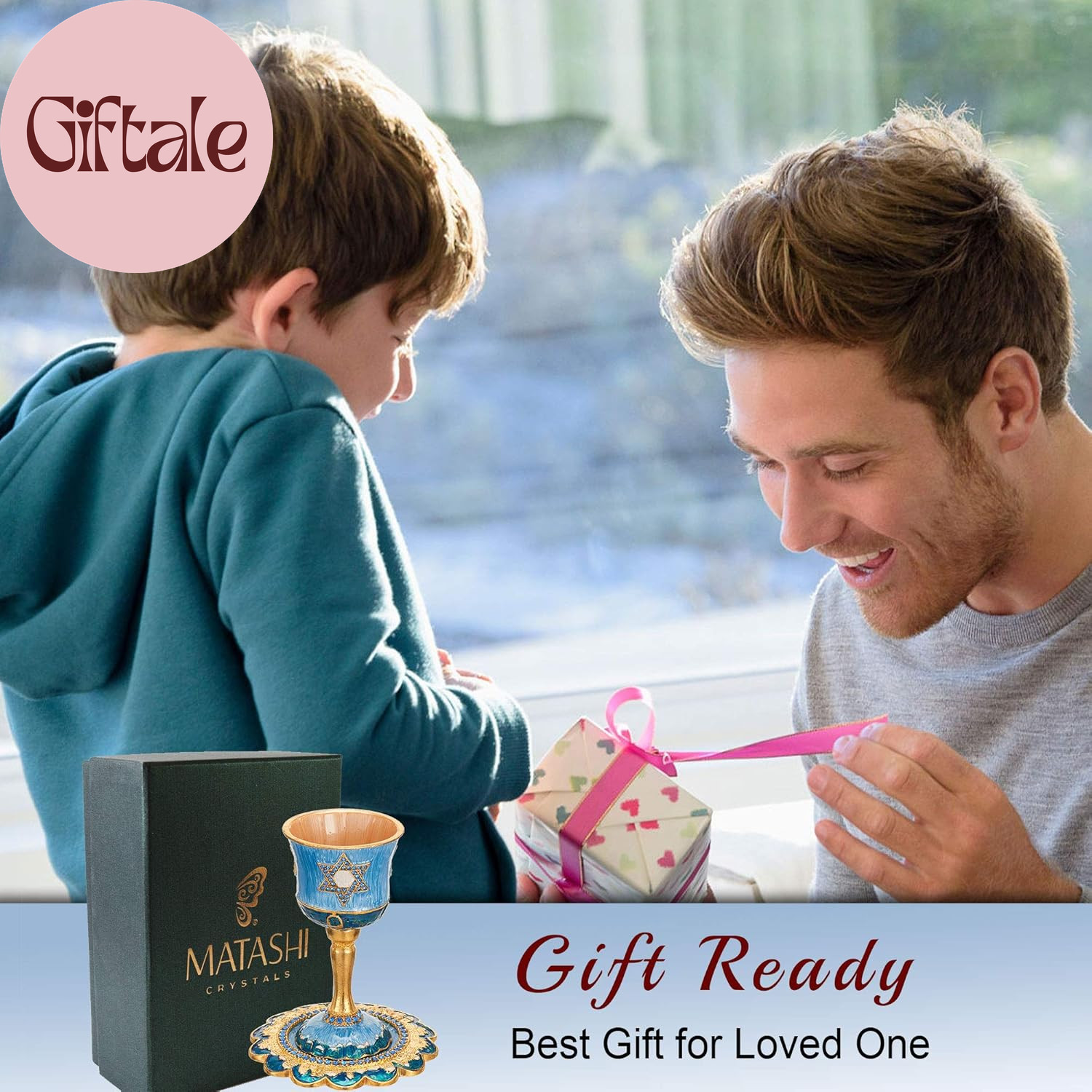 Hand-Painted Enamel Tall 5" Kiddush Cup Set W/Stem & Tray Embellished W/Crystals