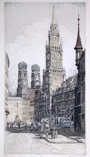 Rudolf Veit Etching Print Marienplatz Munchin Germany Signed 