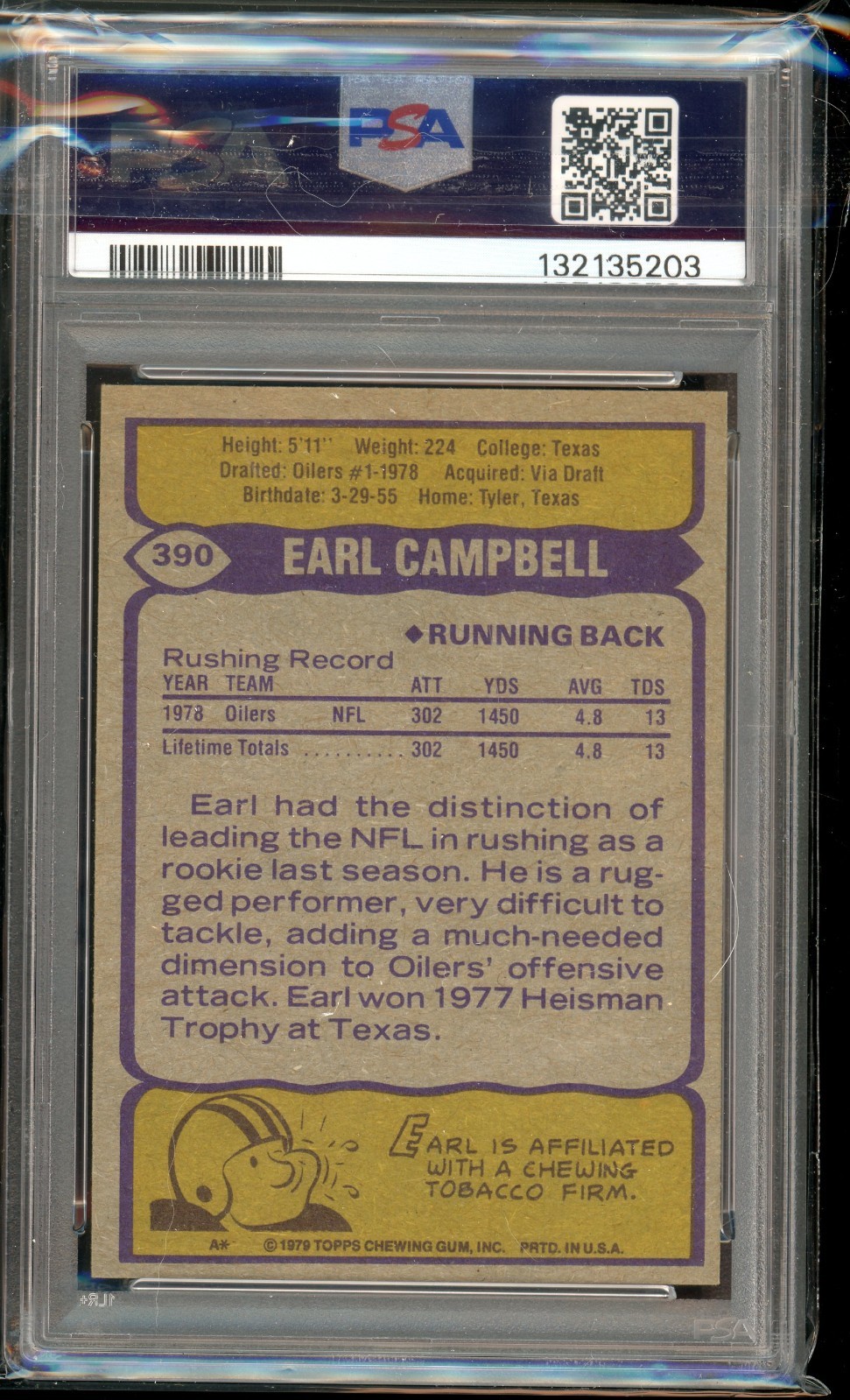 Earl Campbell 'HOF 91' Signed 1979 Topps Rookie #390 - Auto Gem 10! (PSA/DNA) view 2