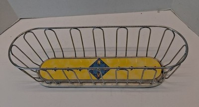 VTG Metal Wire Bread Basket w Decorative Ceramic Base 16'' Oval Felt Bottom 1980s