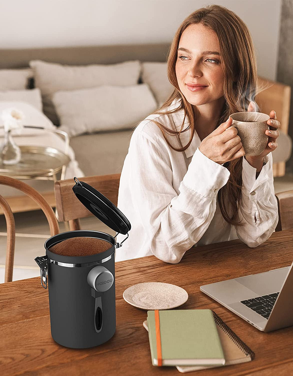 Airtight Coffee Canister, 22OZ Large Stainless Steel Coffee Bean Storage Contain