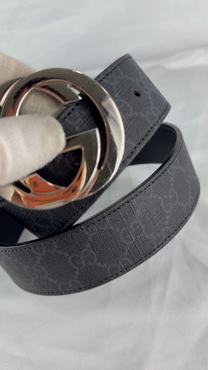 GUCCI Gray Canvas Black Leather Supreme GG Interlocking Buckle