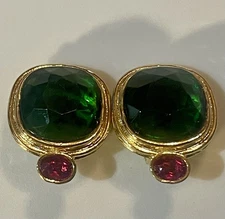 Vintage Kenneth Jay Lane KJL Large Green Glass Pink Rhinestone Earrings **Read**