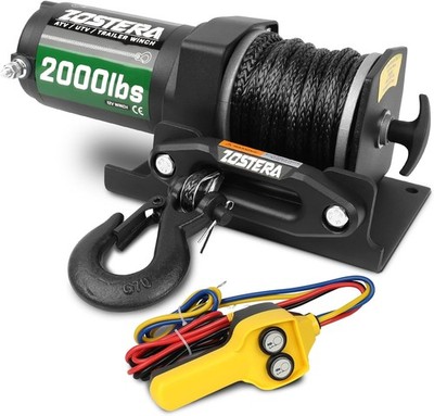2000lb ATV Winch Electric 12V,with Synthetic Rope, RV Waterproof Towing Winches