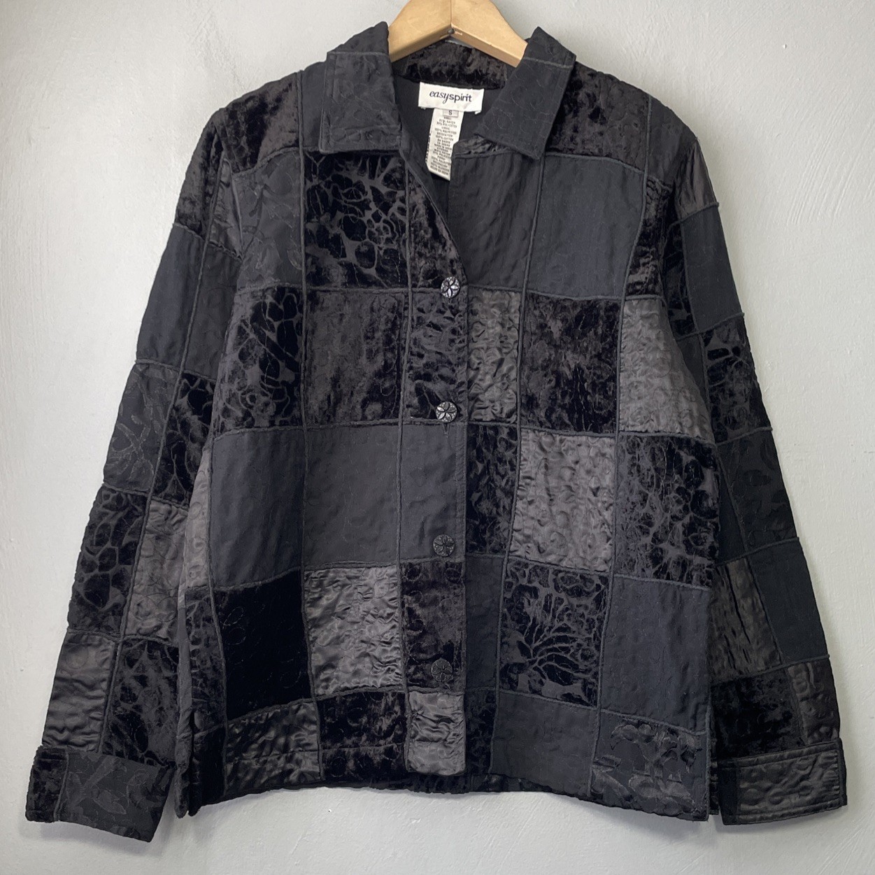 Dark Black Patchwork Jacket Size Small Velvet Emb… - image 1