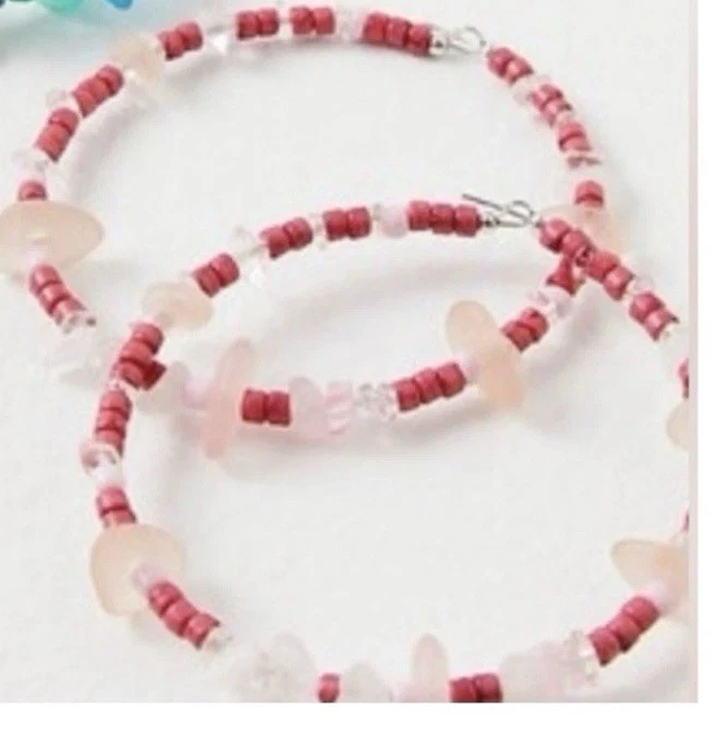 Free People Bohemian Stone Crystal Karma Hoops Earrings Pink Whimsical Summer - Image 2 of 3