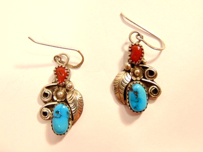 pre-owned ''E Yazzie'' sterling  silver earrings, w/ turquoise & brown accents