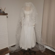 Vintage Eve Of Milady Wedding Dress Matching Veil Sz XXS 2XS Lace Floral Beaded
