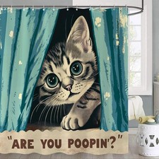Funny Green Cat Shower Curtain, 72x72, Are You Poopin, 12 Hooks, Humor