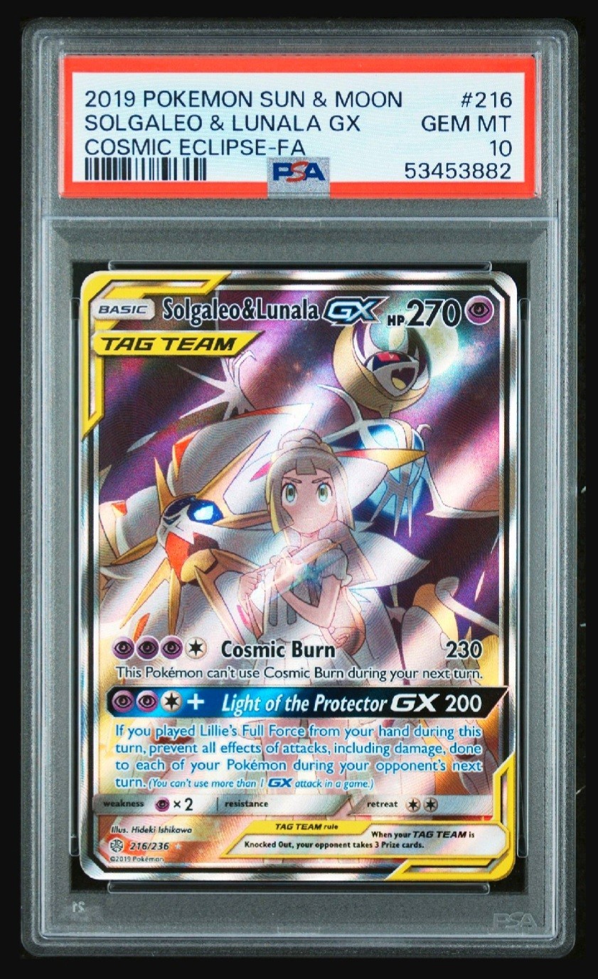 POKEMON SUN & MOON COSMIC ECLIPSE FULL ART SOLGALEO & LUNALA GX 216 PSA 10