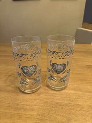 VTG Corelle Corning Sponge Blue Hearts 2 Drinking Tumbler Glasses Cottage Granny