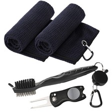 Aulock Golf Towel and Brush Set -16" x24" Microfiber Towels with Large, Black