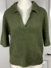 Bailey 44 Short Sleeve Sweater Women's XL Moss Green Soft Fuzzy Ribbed Knit