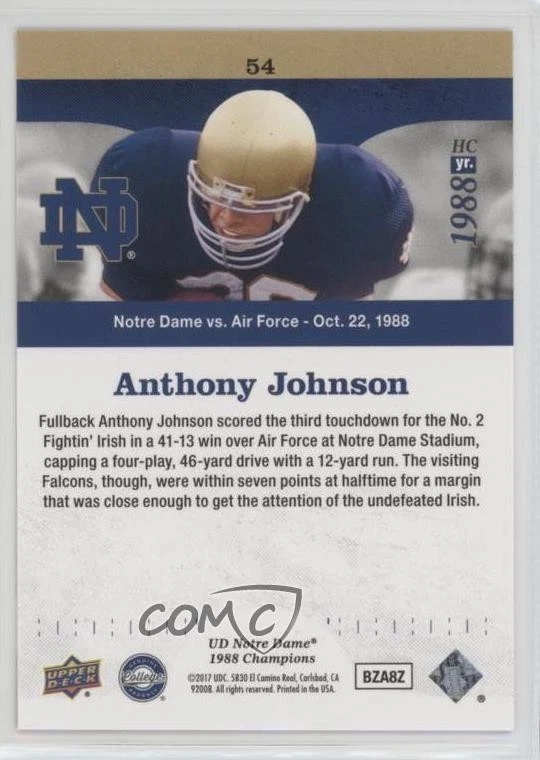2017 Notre Dame 1988 Championship Blue Pattern Rainbow Anthony Johnson #54 - Image 2 of 2