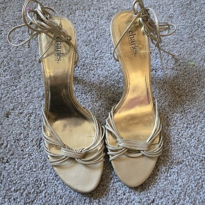 Charles By Charles David Leather Gold Heels Sz 10 Wraparound Strap Lace Up