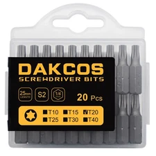 DAKCOS 20 Piece T20 Torx Bit Set, 25mm Short Screwdriver Bit  S2 Alloy Steel