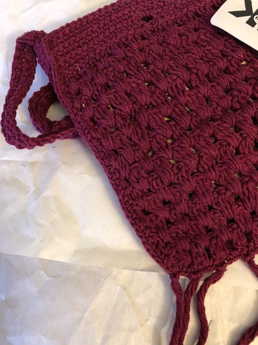Krochet Kids Intl. Uganda small purse knit cotton shoulder bag purple fringe - Picture 6 of 8