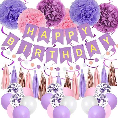 Purple Pink Party Decorations for Women Girls with Happy Birthday Banner, Hangin - Picture 10 of 12