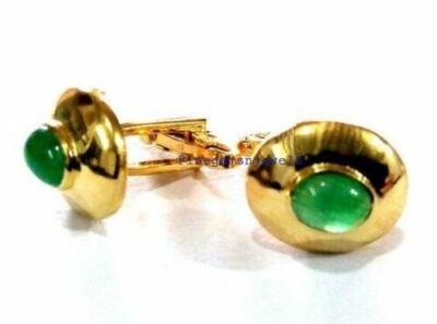 Natural Cabochon Emerald Stone 925 Sterling Silver Gold Plated Men Cufflinks #55