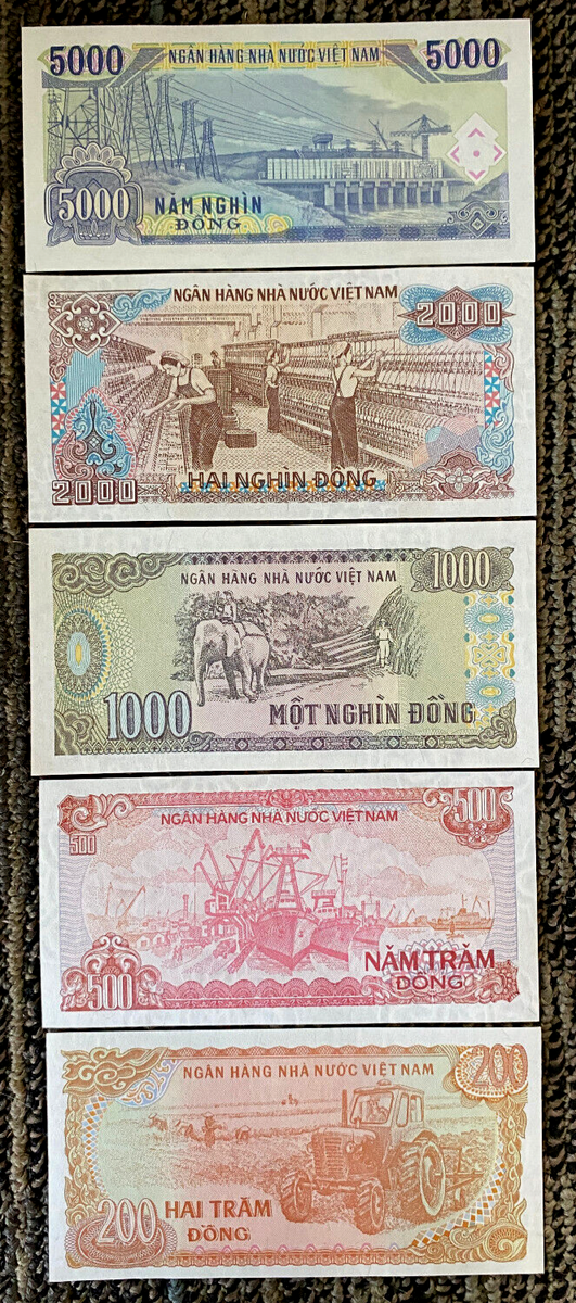 Vietnam 5000,2000,1000,500,200 Dong Banknote Set World Paper Money