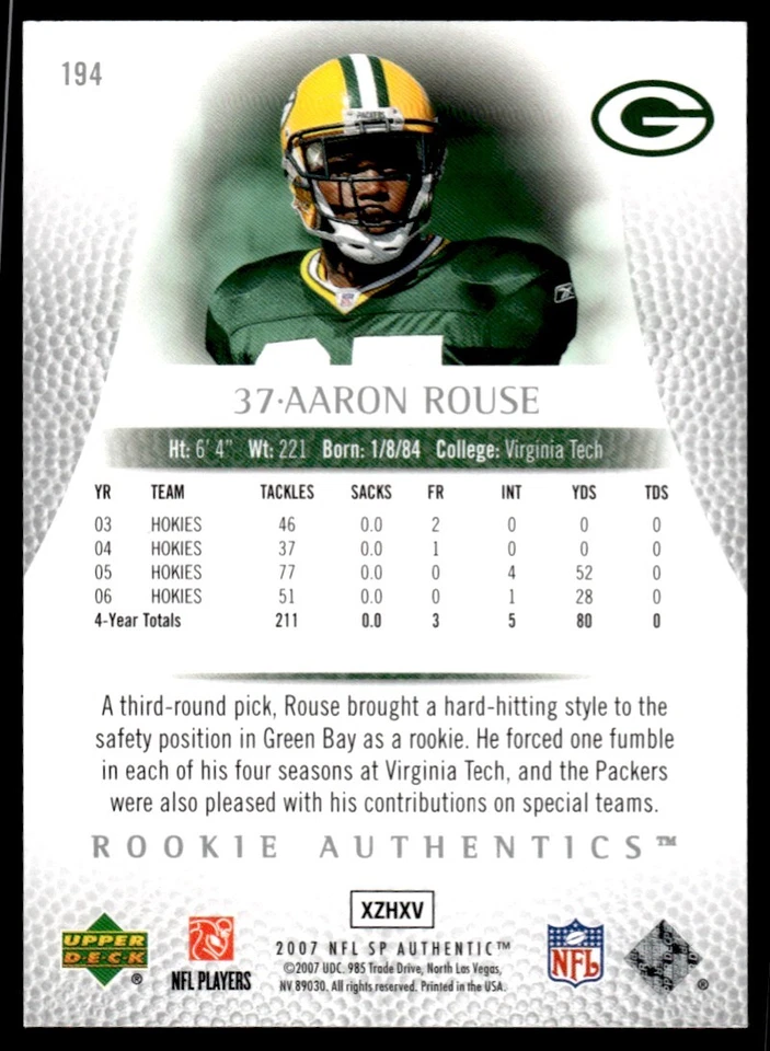 2007 SP Authentic Aaron Rouse Rookie 625/999 Green Bay Packers #194 R7 - Image 2 of 2